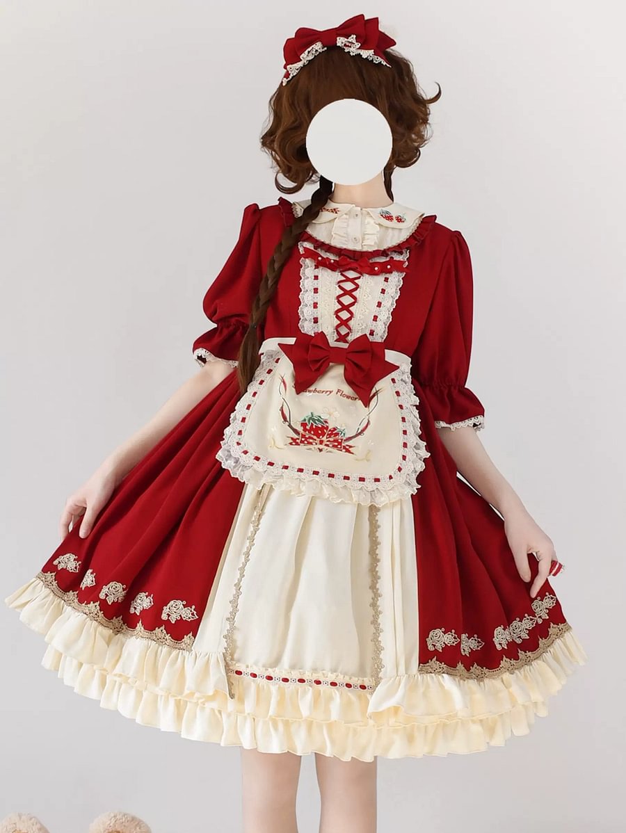 Maid Red Christmas Dress Sweet Lolita Maid Apron Short Sleeve OP