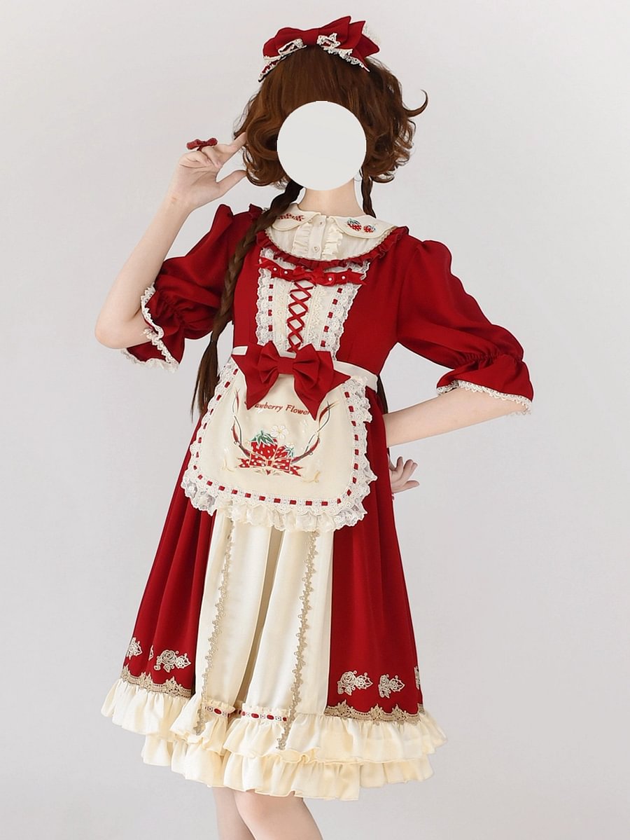 Maid Red Christmas Dress Sweet Lolita Maid Apron Short Sleeve OP