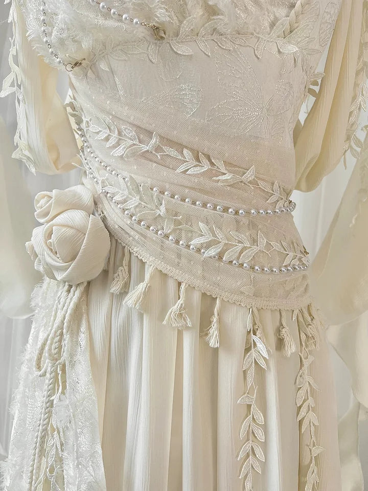 Mori Kei Fashion Apricot Greek Goddess Ivory Ball Gown Elegant Maxi Jumper Skirt Dress