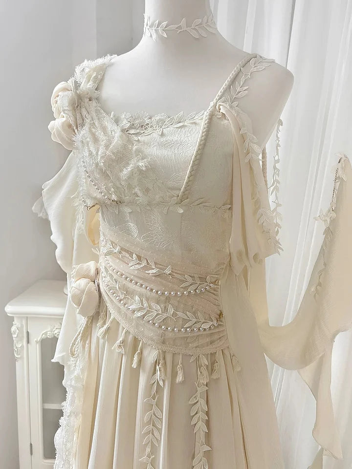 Mori Kei Fashion Apricot Greek Goddess Ivory Ball Gown Elegant Maxi Jumper Skirt Dress