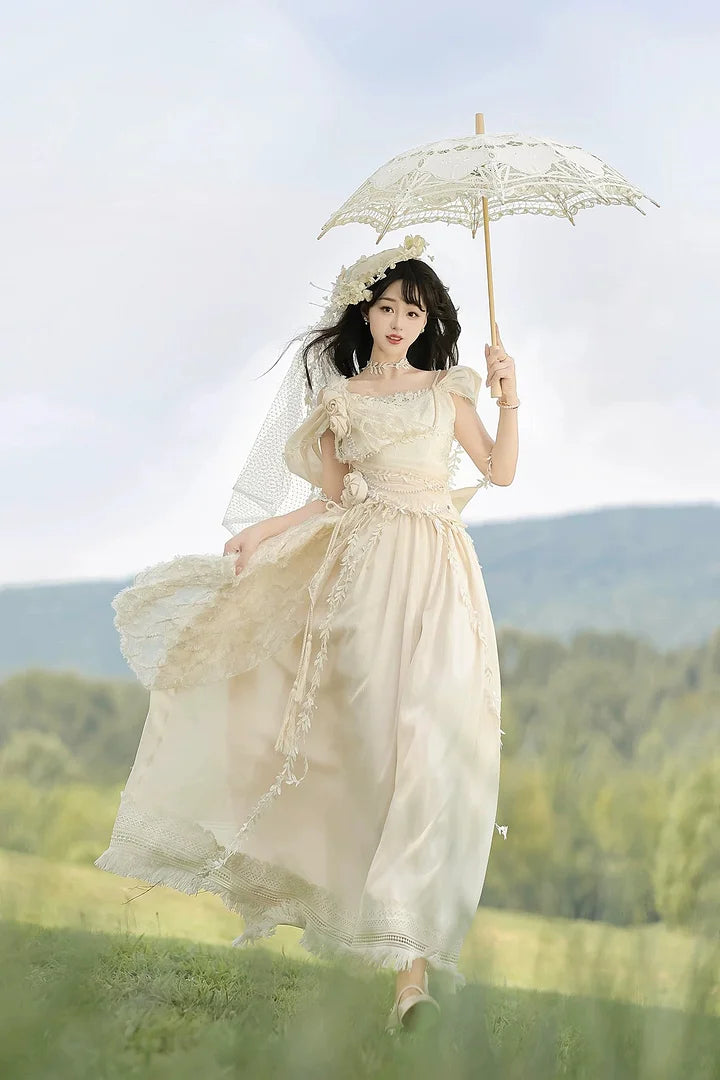 Mori Kei Fashion Apricot Greek Goddess Ivory Ball Gown Elegant Maxi Jumper Skirt Dress