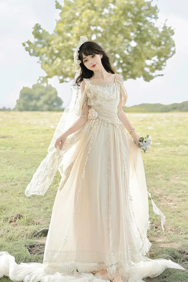 Mori Kei Fashion Apricot Greek Goddess Ivory Ball Gown Elegant Maxi Jumper Skirt Dress