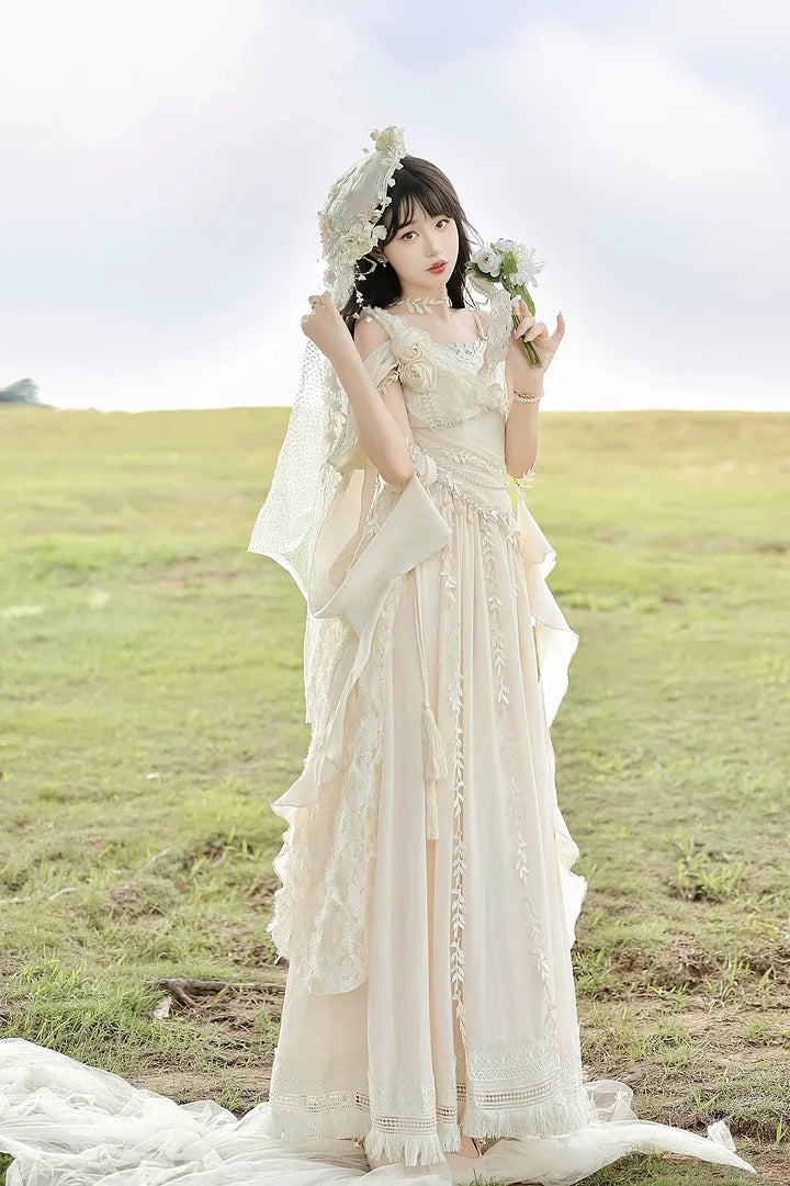 Mori Kei Fashion Apricot Greek Goddess Ivory Ball Gown Elegant Maxi Jumper Skirt Dress