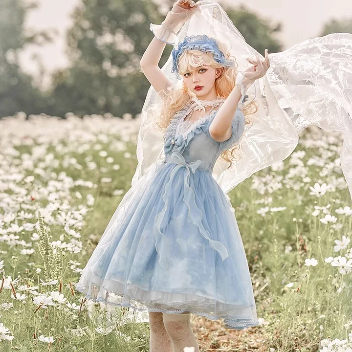 Mori Kei Fashion Blue Lolita Dress Sweet Dress Black Dark Gemini Princess Dress Spring and Autumn