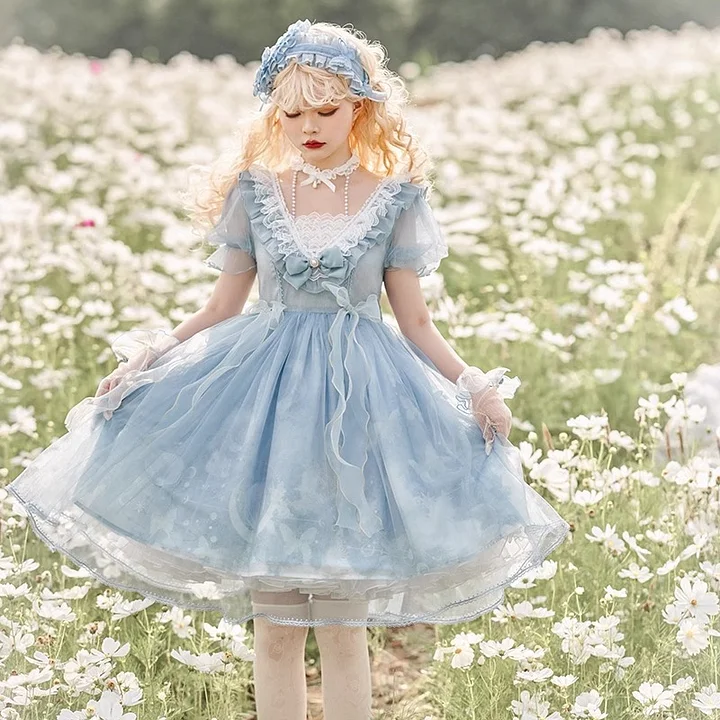 Mori Kei Fashion Blue Lolita Dress Sweet Dress Black Dark Gemini Princess Dress Spring and Autumn