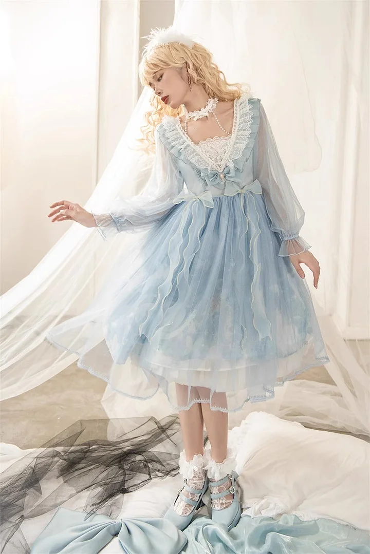 Mori Kei Fashion Blue Lolita Dress Sweet Dress Black Dark Gemini Princess Dress Spring and Autumn