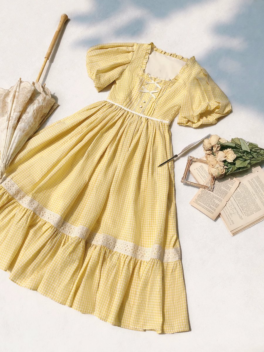 Mori Kei Fashion Classic Rustic Yellow Youthful Vibrant Dress Lolita OP Plaid Print Casual Coord
