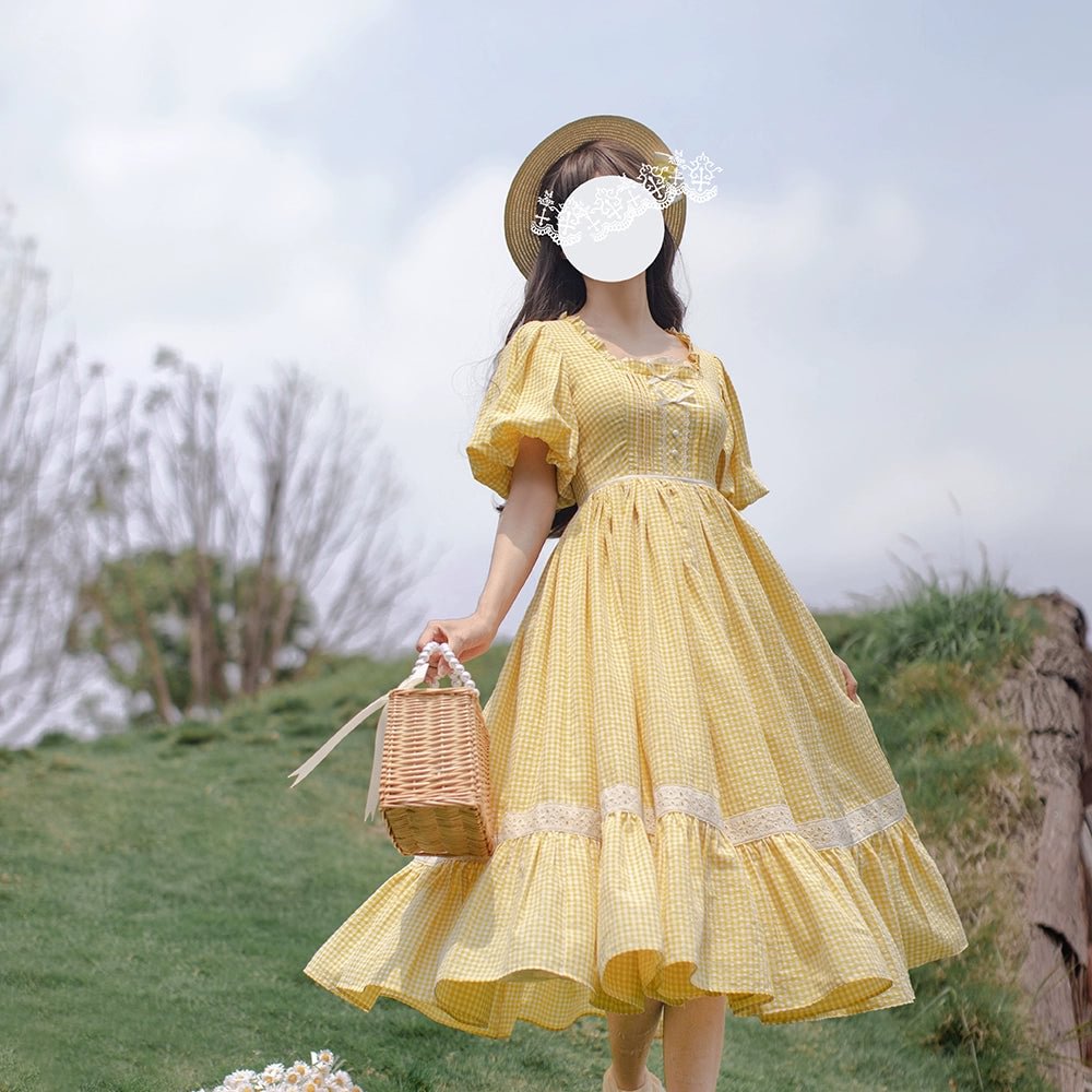 Mori Kei Fashion Classic Rustic Yellow Youthful Vibrant Dress Lolita OP Plaid Print Casual Coord