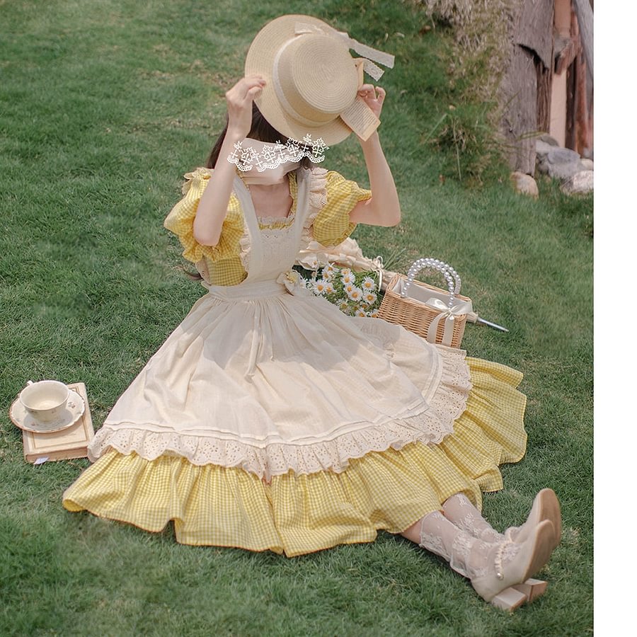 Mori Kei Fashion Classic Rustic Yellow Youthful Vibrant Dress Lolita OP Plaid Print Casual Coord