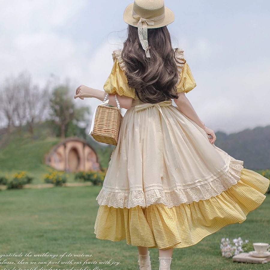 Mori Kei Fashion Classic Rustic Yellow Youthful Vibrant Dress Lolita OP Plaid Print Casual Coord