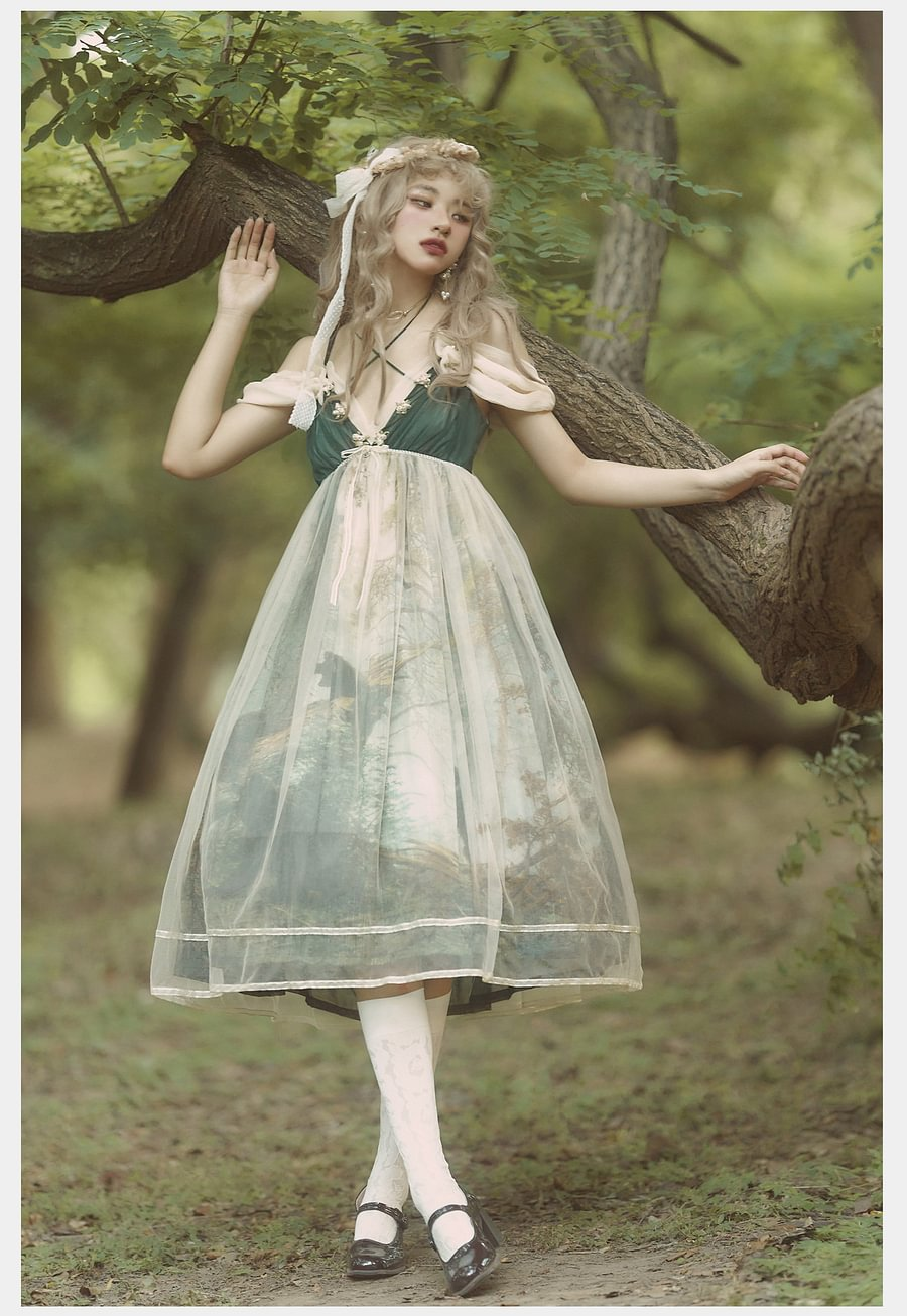 Mori Kei Fashion Elegant Green Forest Fairy Suspender Dress Lolita Dress