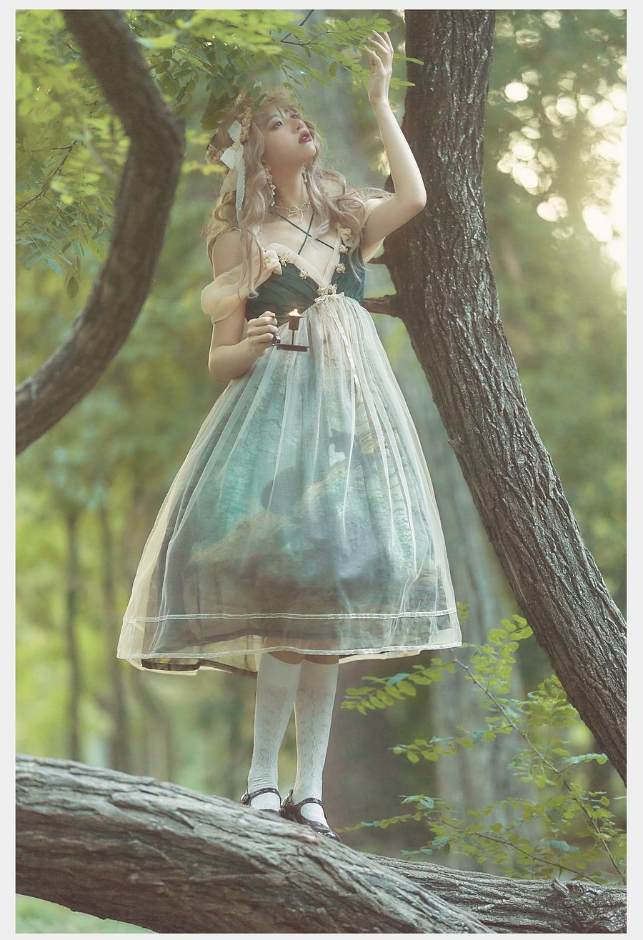Mori Kei Fashion Elegant Green Forest Fairy Suspender Dress Lolita Dress