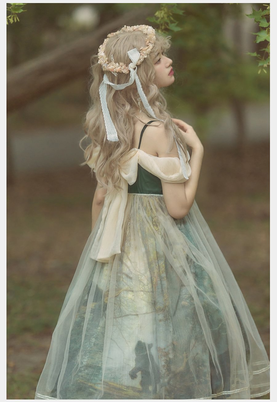 Mori Kei Fashion Elegant Green Forest Fairy Suspender Dress Lolita Dress