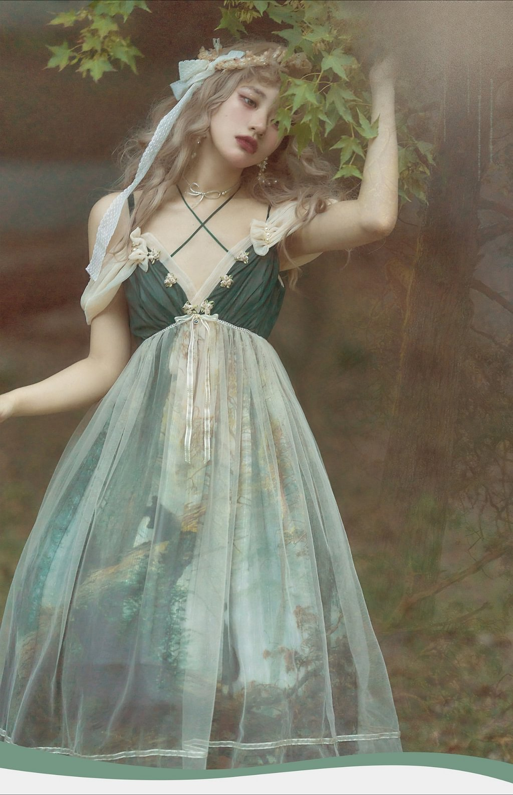 Mori Kei Fashion Elegant Green Forest Fairy Suspender Dress Lolita Dress