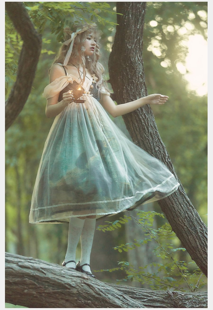 Mori Kei Fashion Elegant Green Forest Fairy Suspender Dress Lolita Dress