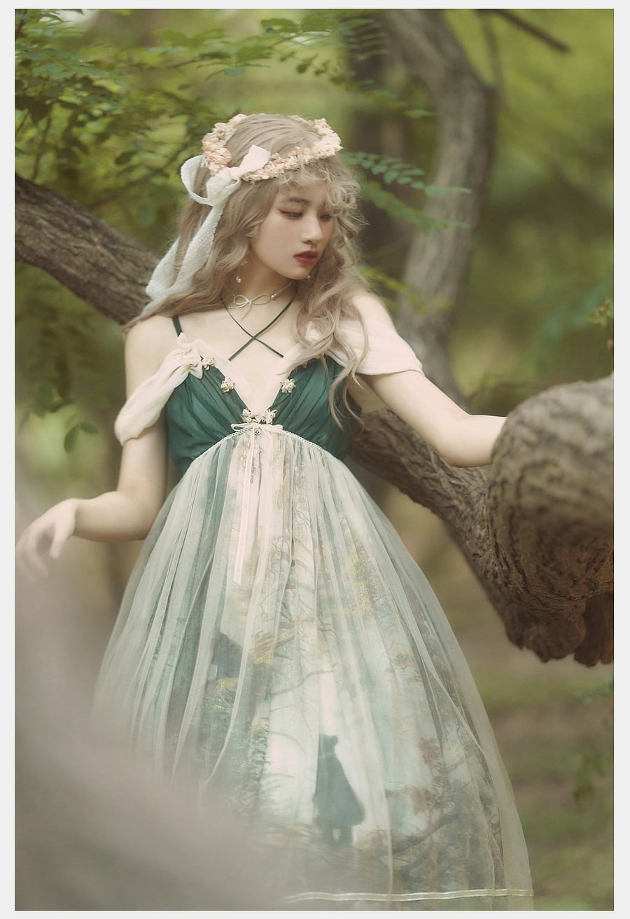 Mori Kei Fashion Elegant Green Forest Fairy Suspender Dress Lolita Dress