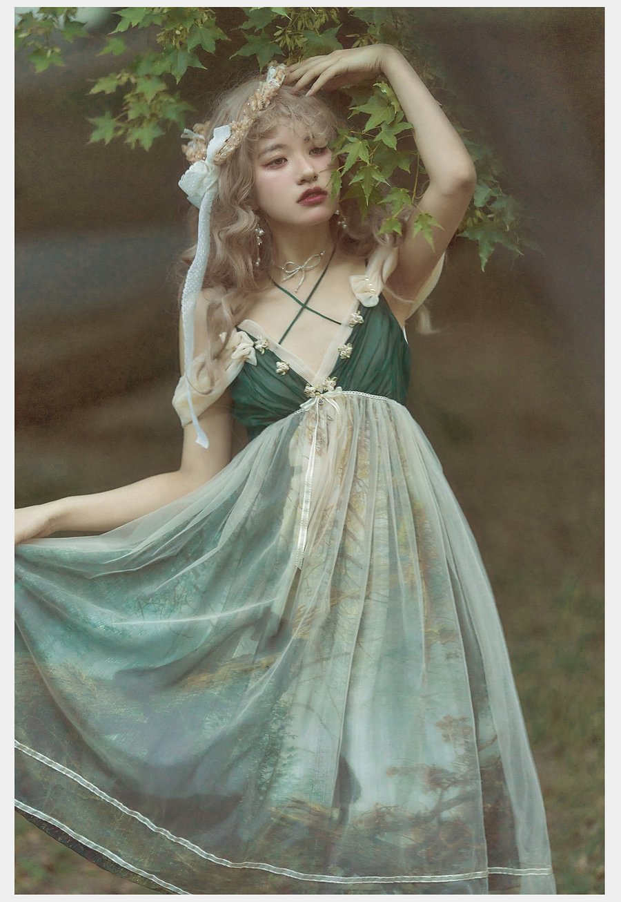 Mori Kei Fashion Elegant Green Forest Fairy Suspender Dress Lolita Dress