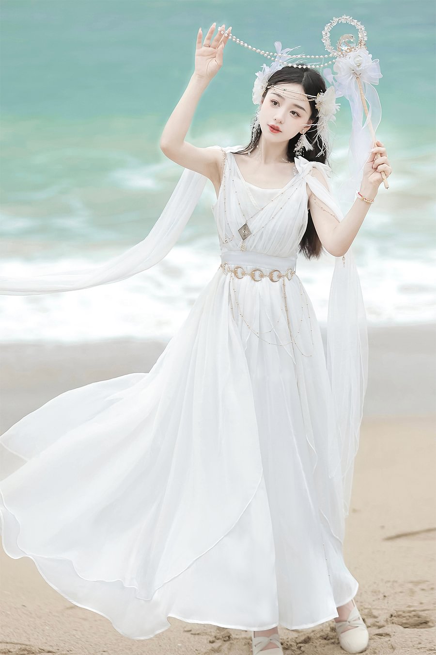 Mori Kei Fashion Greek Muse Pure White Elegant Fairy Wedding Dress Lolita Long Dress