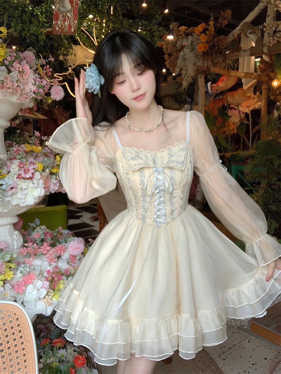 Mori Kei Fashion Light Lolita Dress Fluffy Short Dress French Lace with Square Collar for Spring Summer