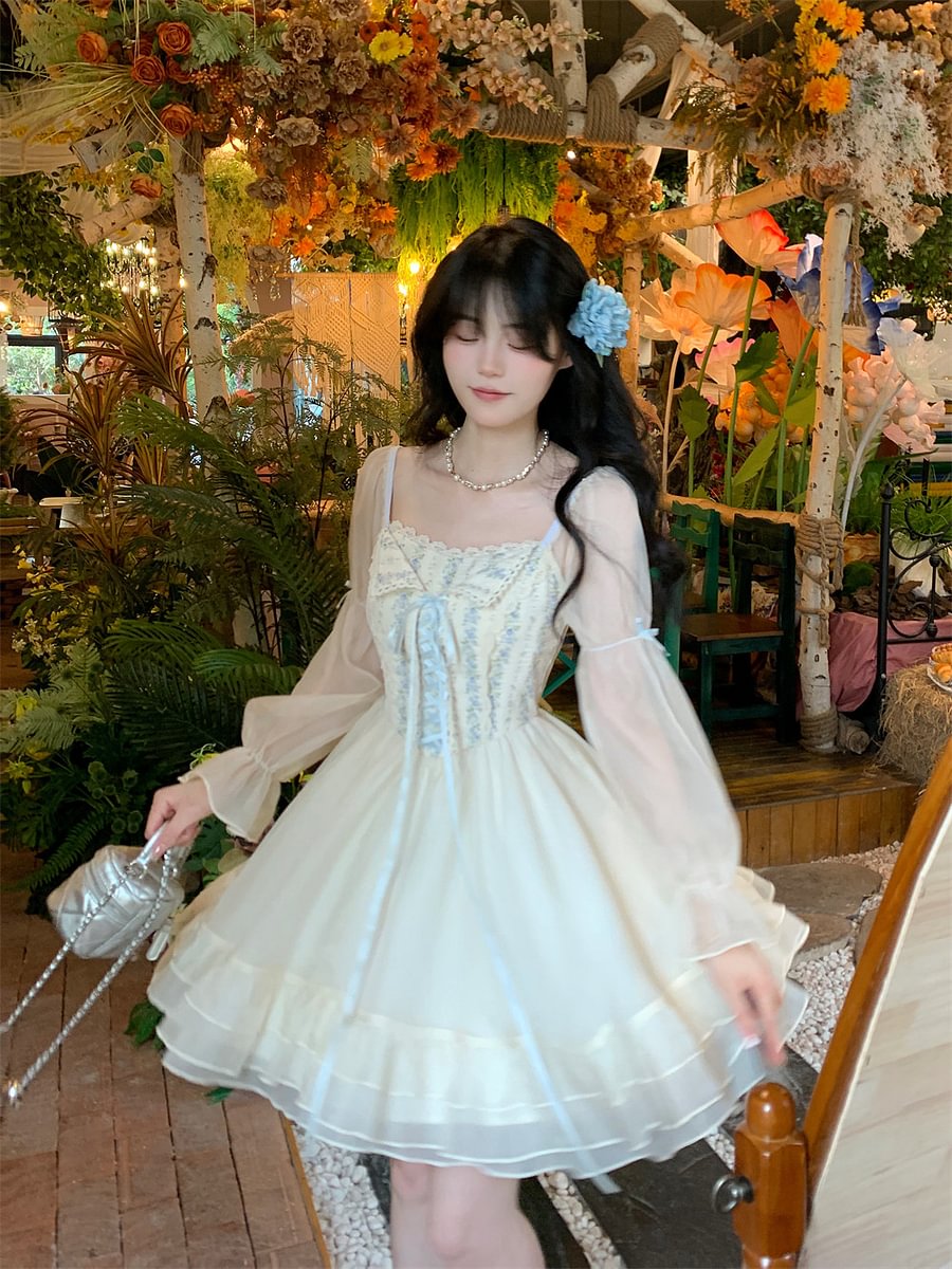 Mori Kei Fashion Light Lolita Dress Fluffy Short Dress French Lace with Square Collar for Spring Summer