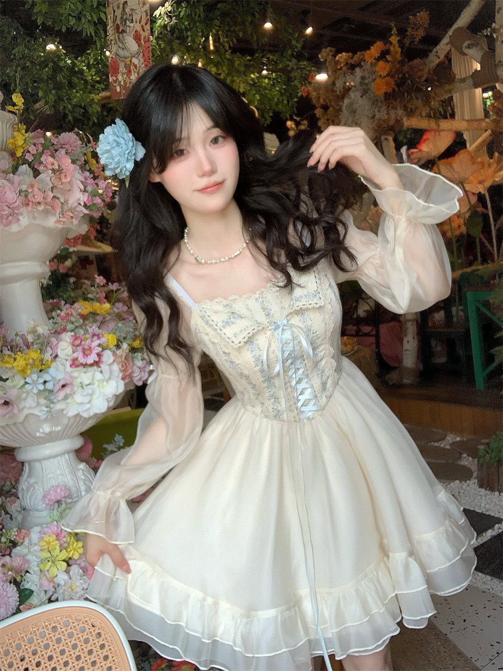 Mori Kei Fashion Light Lolita Dress Fluffy Short Dress French Lace with Square Collar for Spring Summer