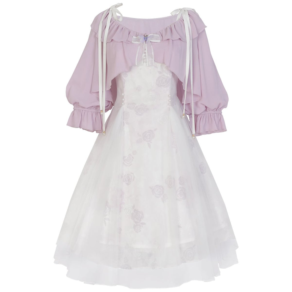 Mori Kei Fashion Lilac Purple Floral Elegant Dress Sweet Everyday Lolita Dress Set