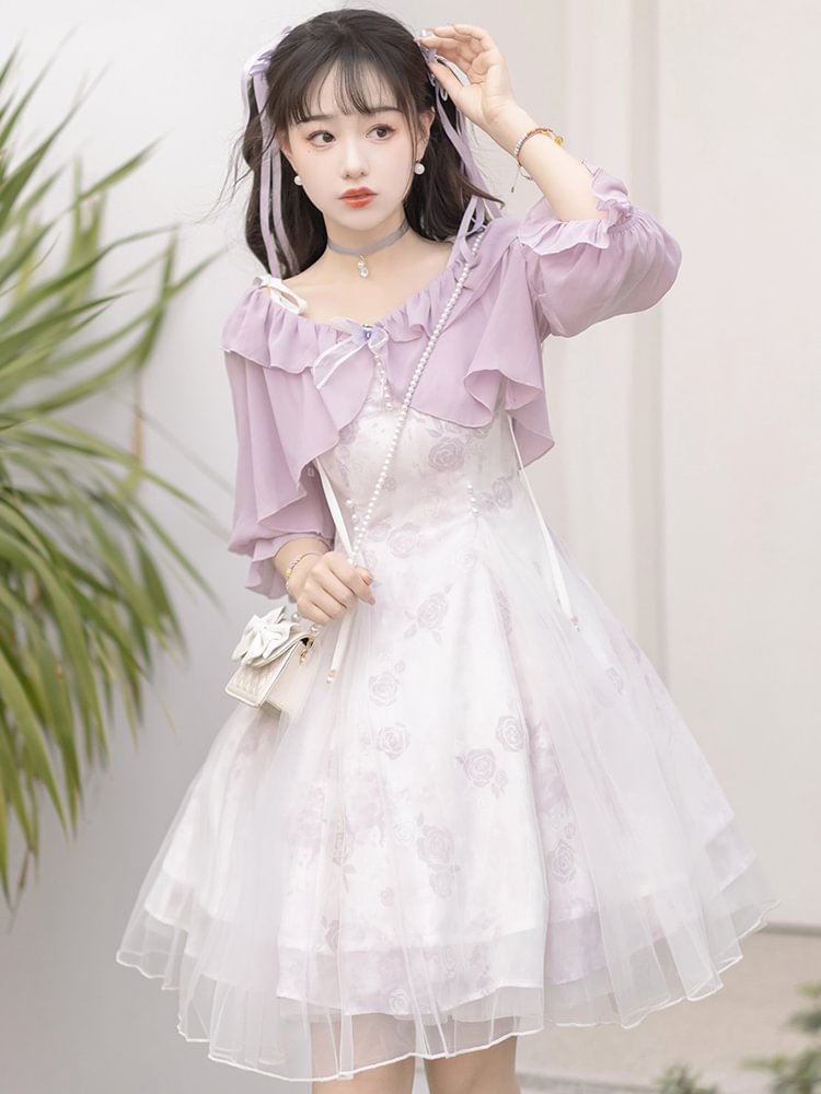 Mori Kei Fashion Lilac Purple Floral Elegant Dress Sweet Everyday Lolita Dress Set