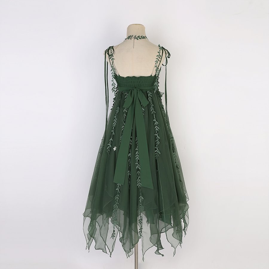 Mori Kei Fashion Lolita Dresses Forest Fairy Dark Green Elegant Dress Yarn Suspender Dress Elf JSK
