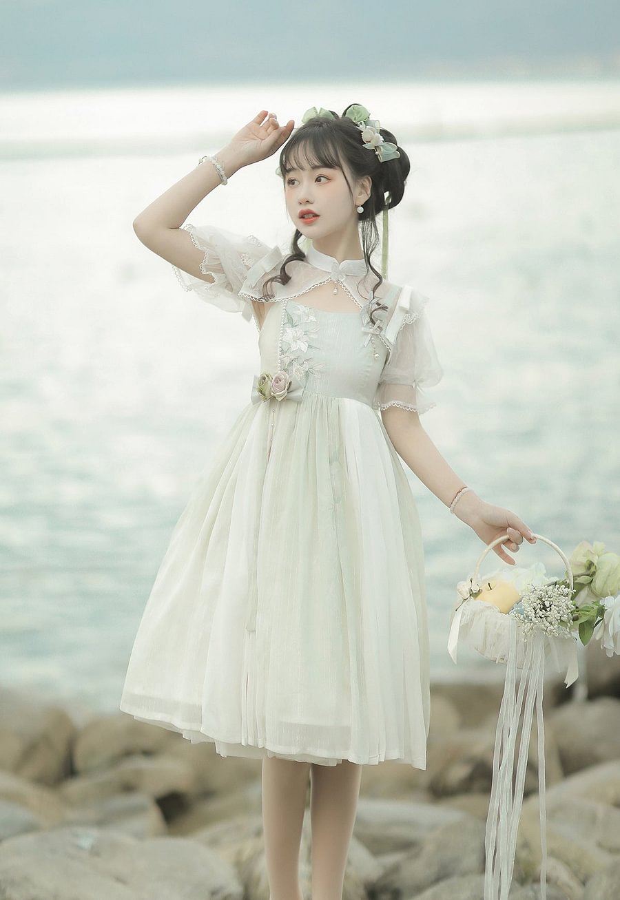 Mori Kei Fashion Lolita Style Wind Singing Lily Lolita Embroider Dress Suit Elegant