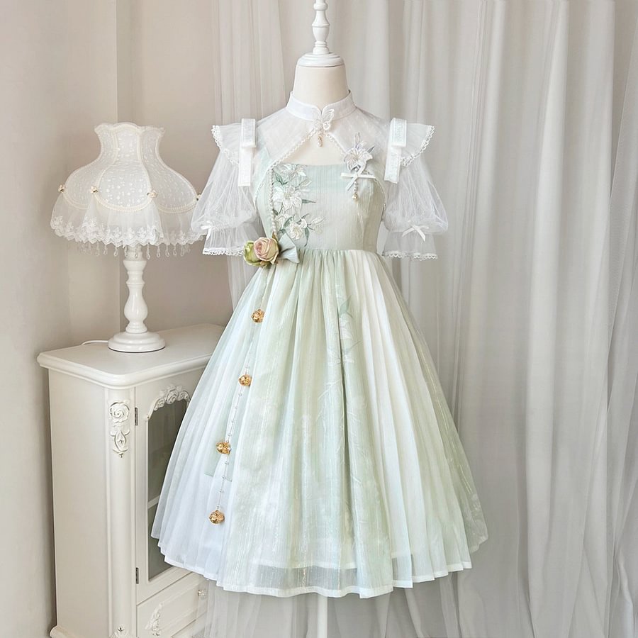Mori Kei Fashion Lolita Style Wind Singing Lily Lolita Embroider Dress Suit Elegant