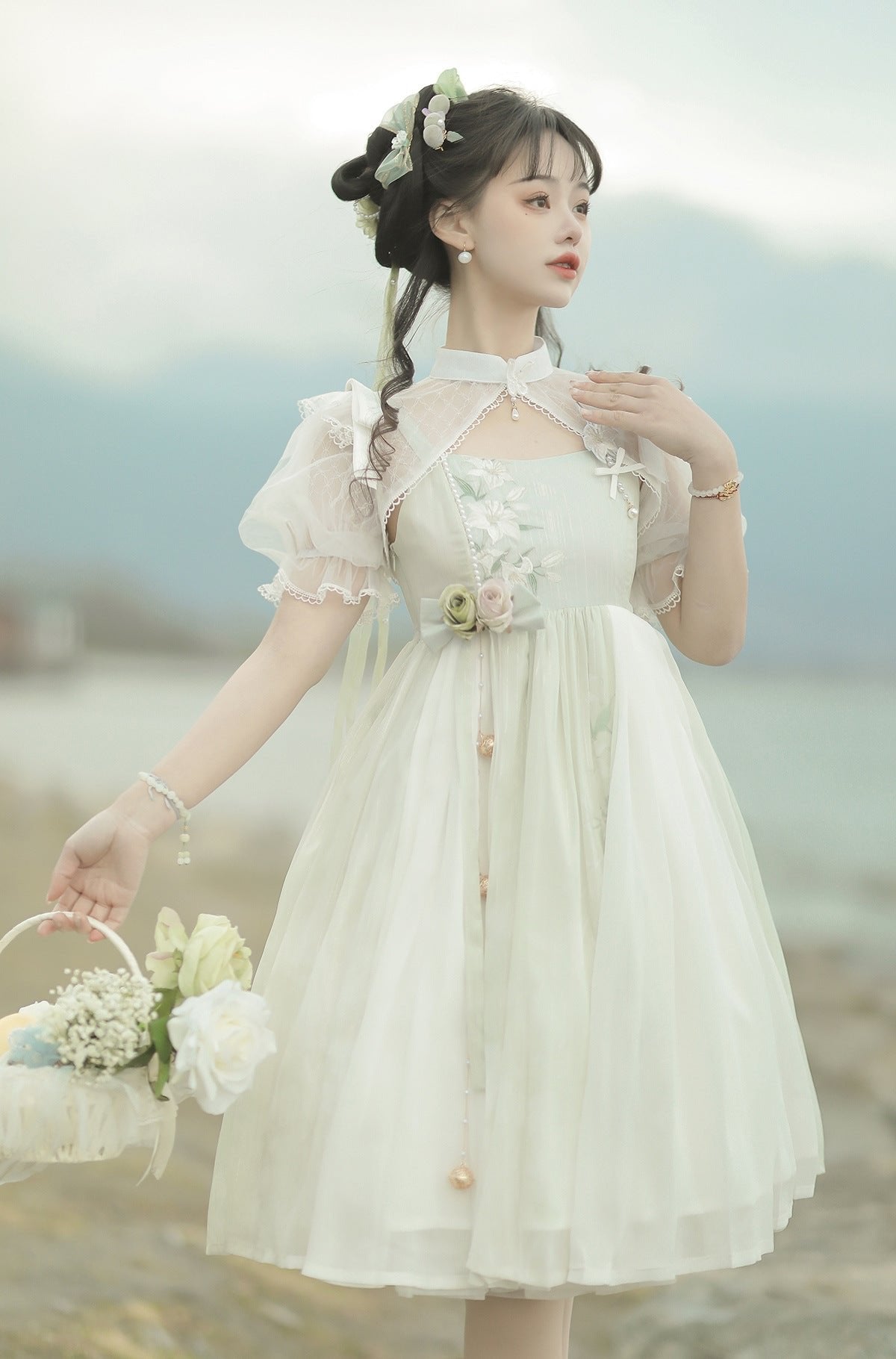 Mori Kei Fashion Lolita Style Wind Singing Lily Lolita Embroider Dress Suit Elegant