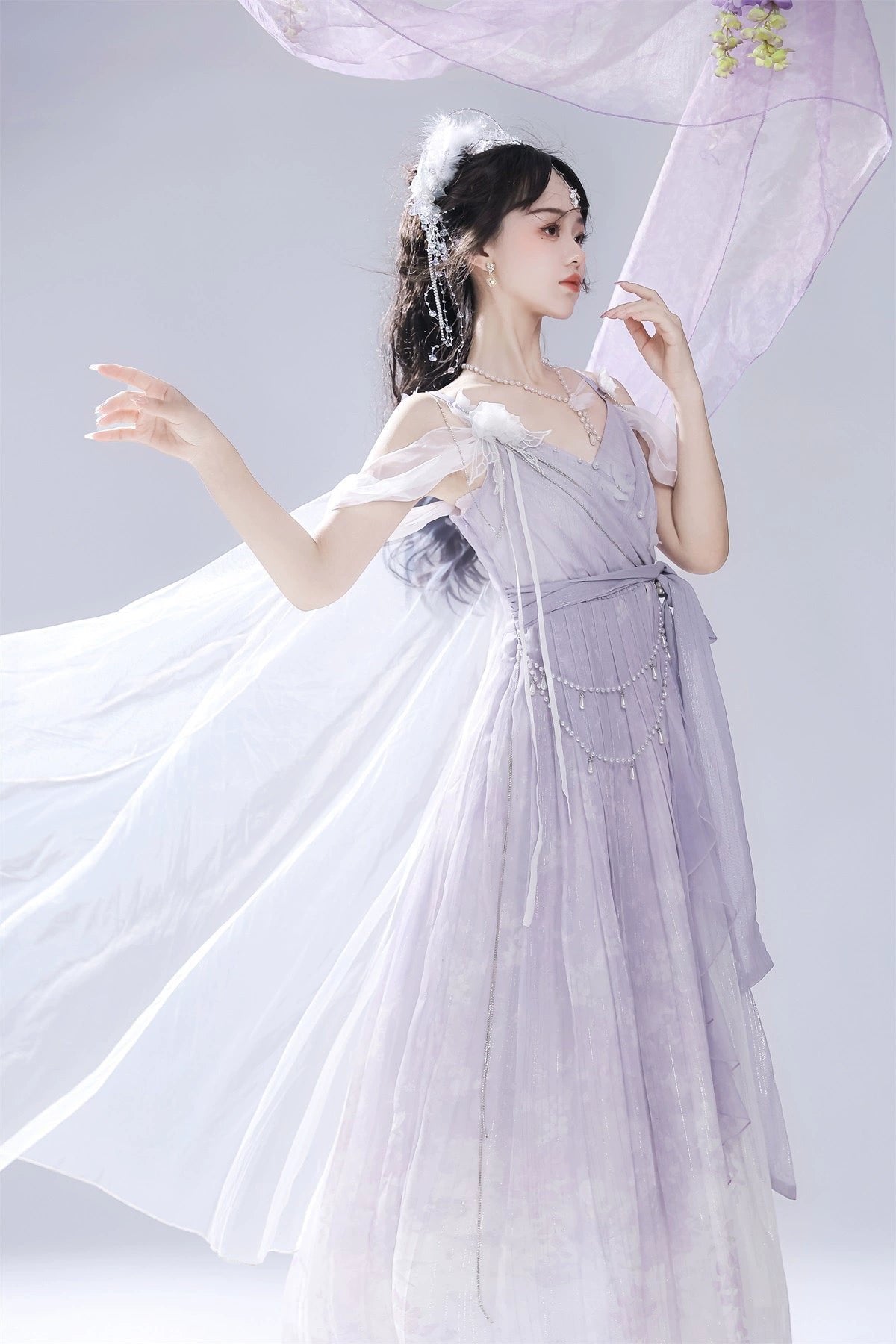Mori Kei Fashion Prom Dress Dreamy Light Purple Lolita JSK Dress Lace Flowy Side Slit
