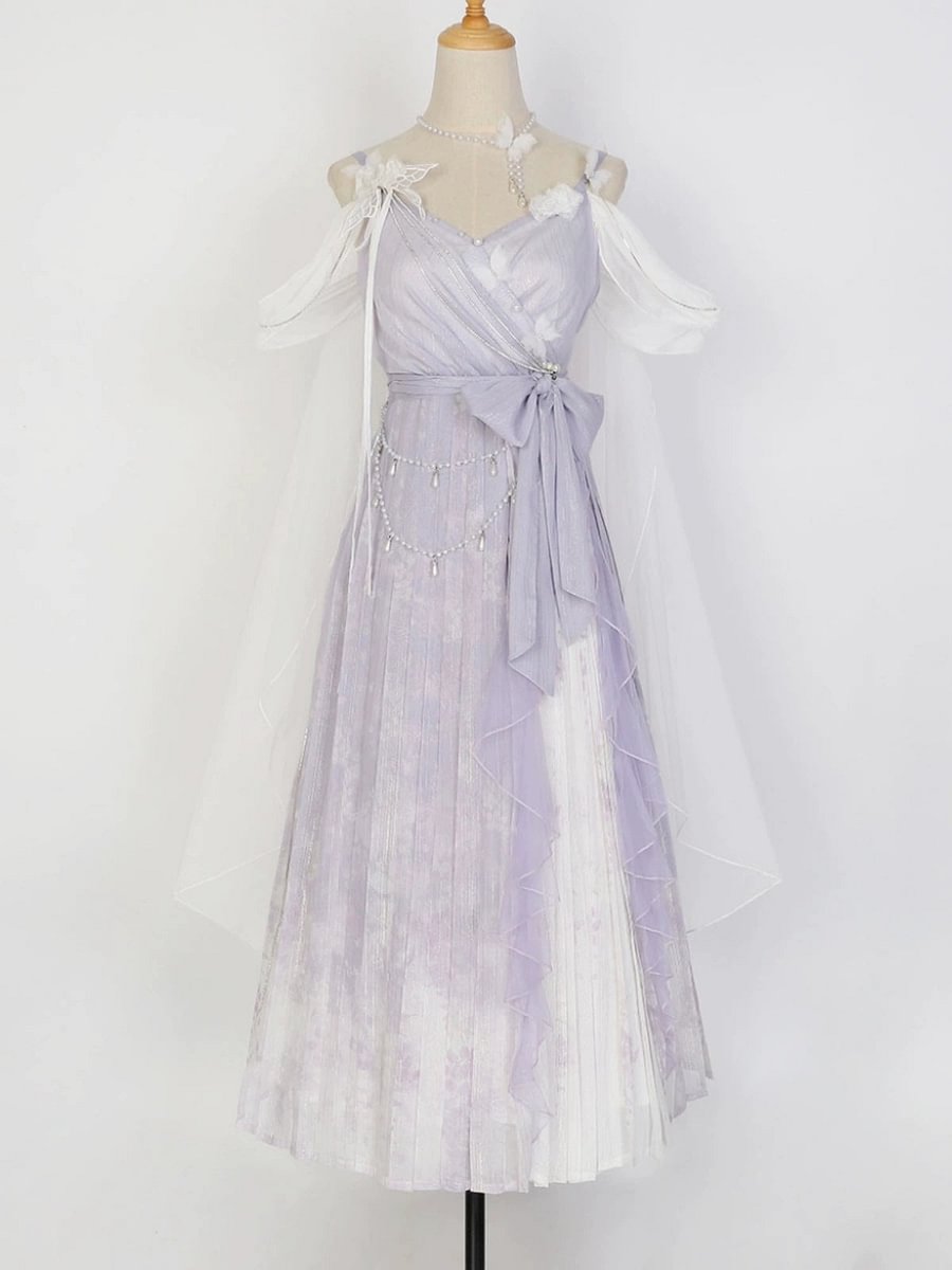 Mori Kei Fashion Prom Dress Dreamy Light Purple Lolita JSK Dress Lace Flowy Side Slit