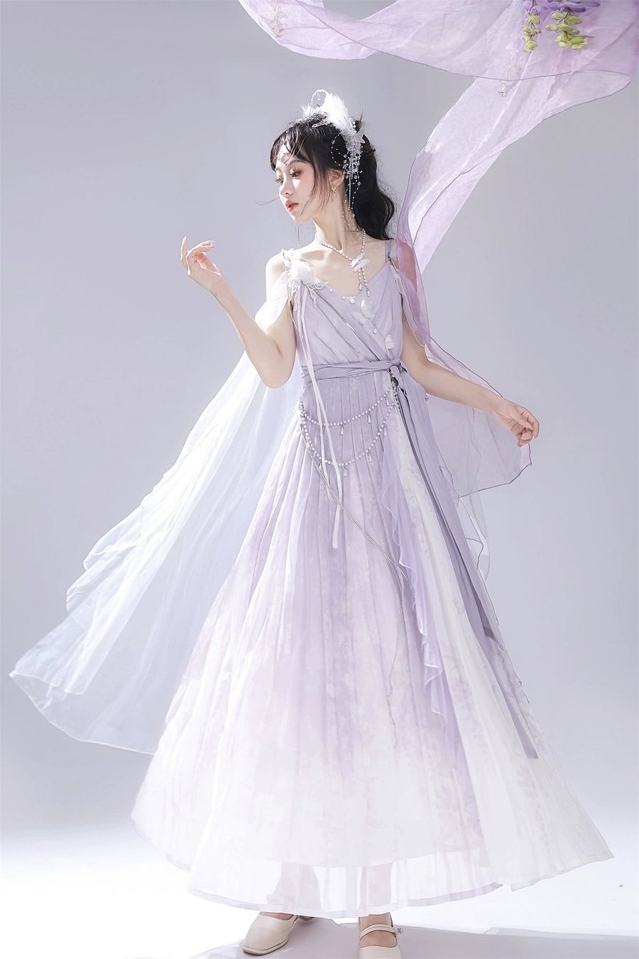 Mori Kei Fashion Prom Dress Dreamy Light Purple Lolita JSK Dress Lace Flowy Side Slit