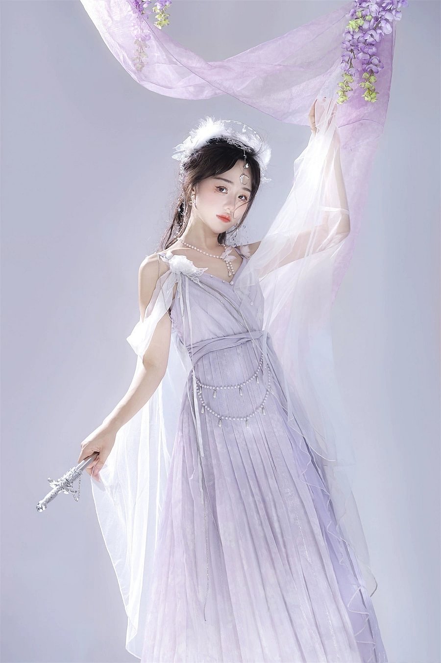 Mori Kei Fashion Prom Dress Dreamy Light Purple Lolita JSK Dress Lace Flowy Side Slit