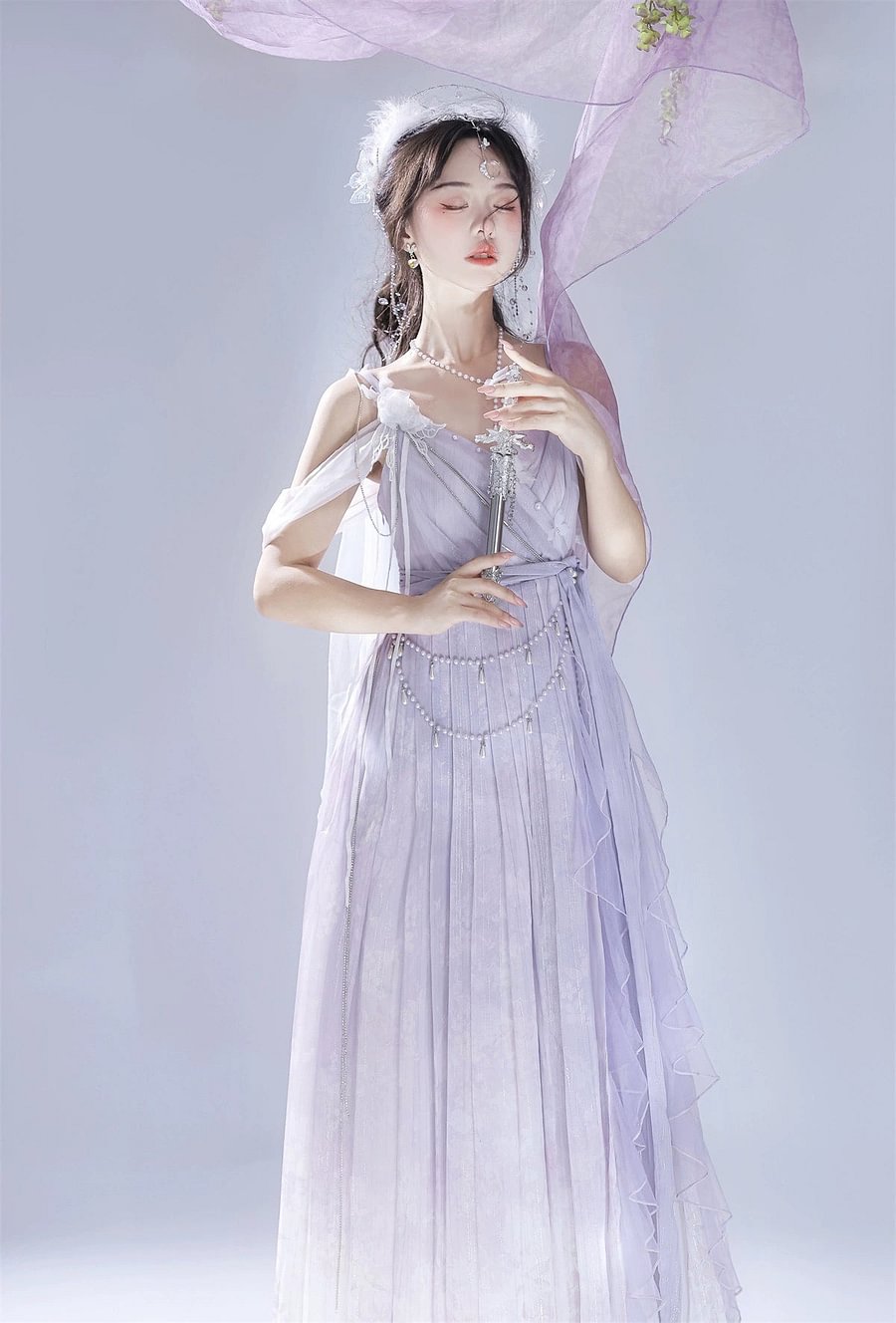 Mori Kei Fashion Prom Dress Dreamy Light Purple Lolita JSK Dress Lace Flowy Side Slit