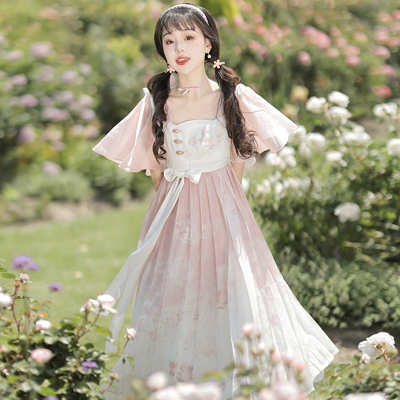 Mori Kei Fashion Qi Lolita Pink Light Floral Marriage Lolita Lace Sleeveless Strappy Dress