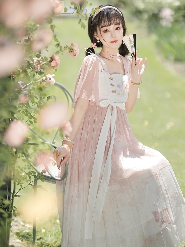 Mori Kei Fashion Qi Lolita Pink Light Floral Marriage Lolita Lace Sleeveless Strappy Dress