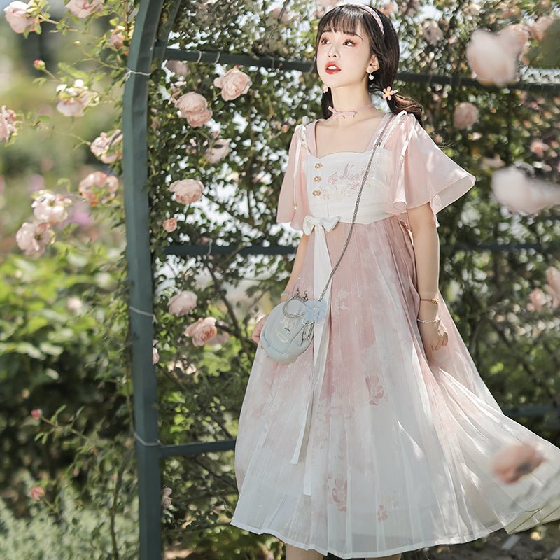 Mori Kei Fashion Qi Lolita Pink Light Floral Marriage Lolita Lace Sleeveless Strappy Dress