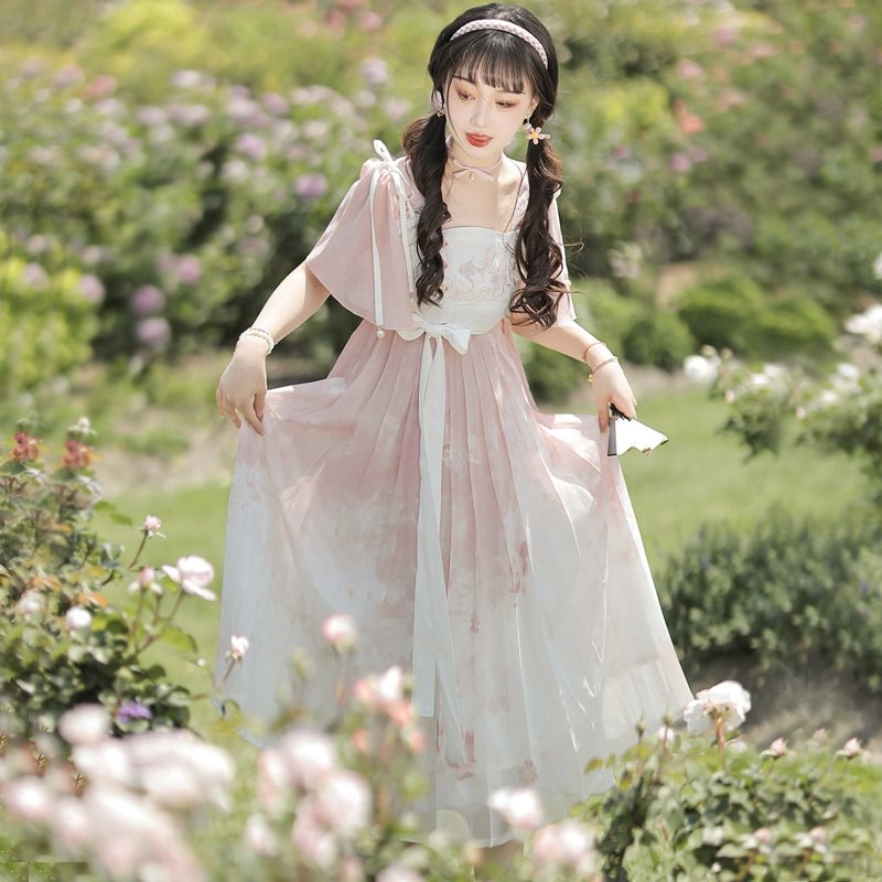 Mori Kei Fashion Qi Lolita Pink Light Floral Marriage Lolita Lace Sleeveless Strappy Dress
