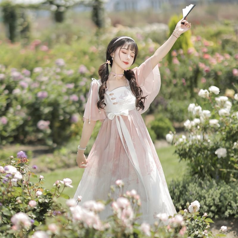 Mori Kei Fashion Qi Lolita Pink Light Floral Marriage Lolita Lace Sleeveless Strappy Dress