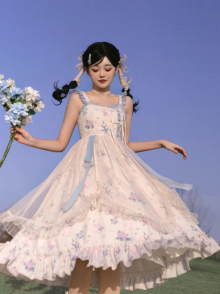 Mori Kei Fashion Sweet Floral Suspender Dress Elegant Classic Print Blue Lolita Dress