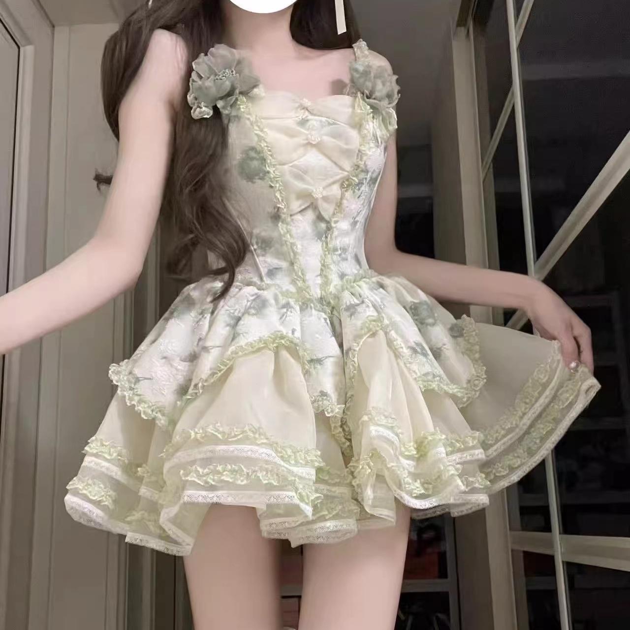 Mori Kei Fashion Sweet Lolita Pastoral Cute Elegant Light Green Lolita Daily Dress for summer