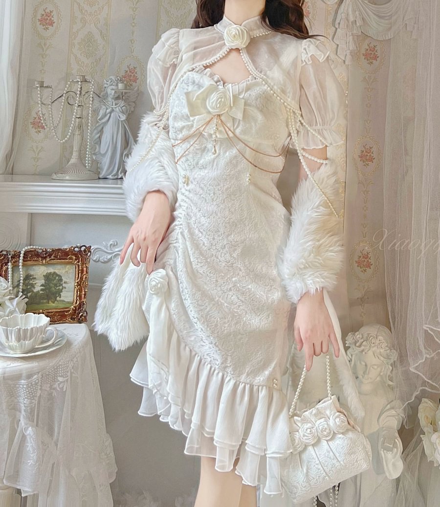 Mori Kei Fashion Tea Party Fashion Elegant Lolita Dress White Camellia Cheongsam Mermaid JSK Prom Dress