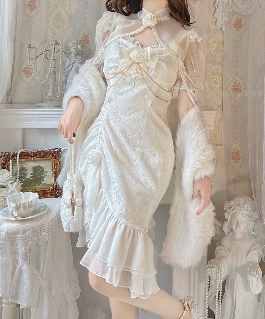 Mori Kei Fashion Tea Party Fashion Elegant Lolita Dress White Camellia Cheongsam Mermaid JSK Prom Dress
