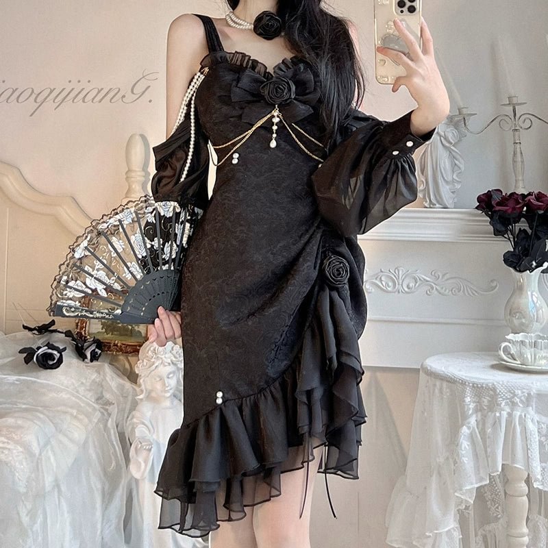 Mori Kei Fashion Tea Party Fashion Elegant Lolita Dress White Camellia Cheongsam Mermaid JSK Prom Dress