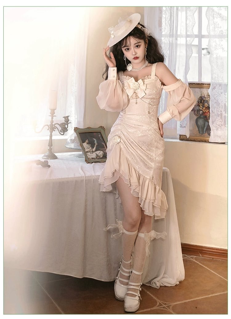 Mori Kei Fashion Tea Party Fashion Elegant Lolita Dress White Camellia Cheongsam Mermaid JSK Prom Dress