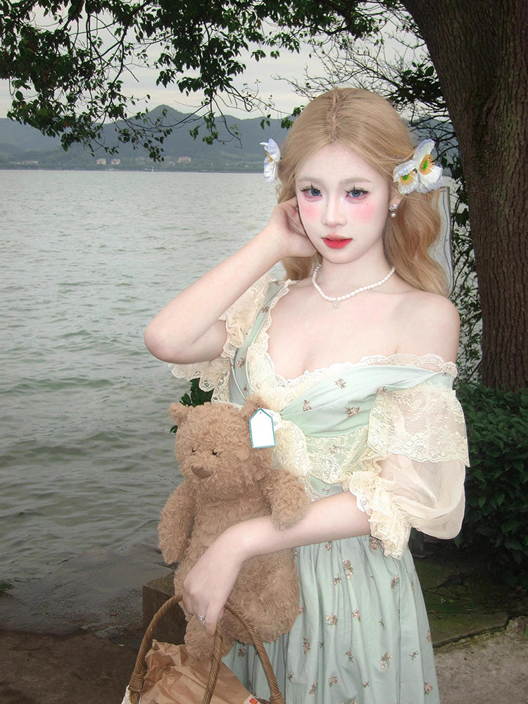 Mori Kei Lolita Light Green Floral OP Dress Vintage Cottagecore Style