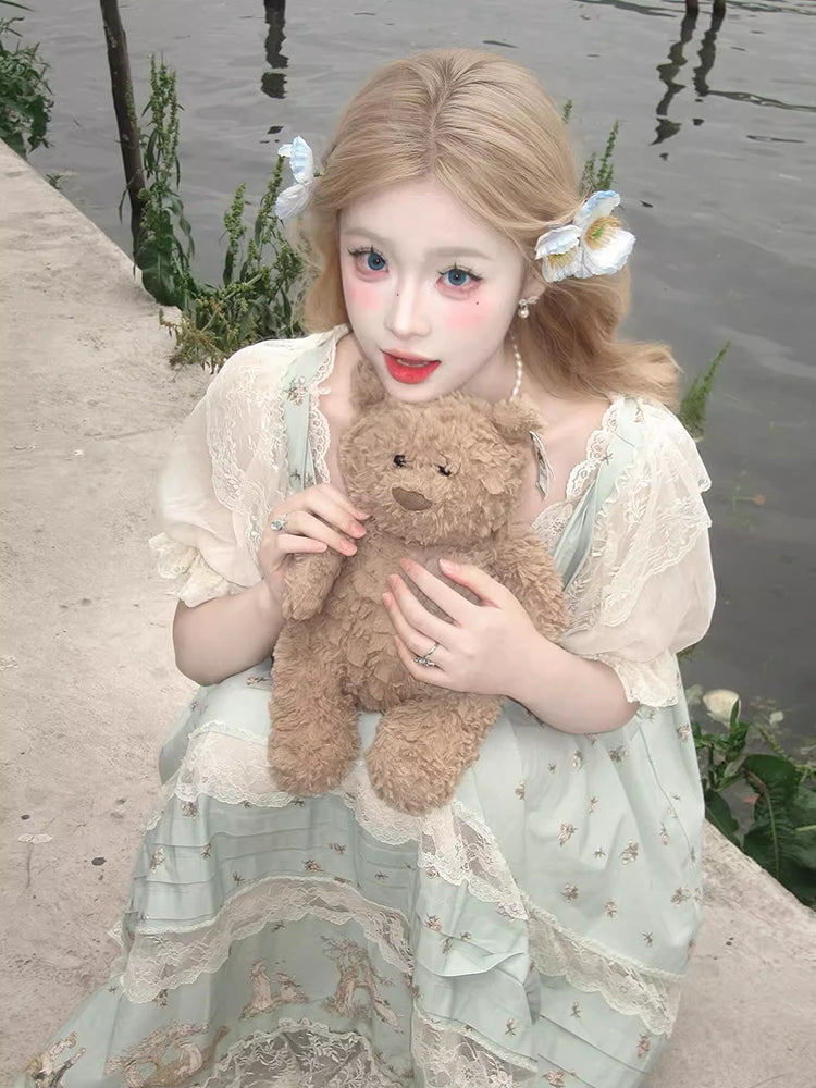Mori Kei Lolita Light Green Floral OP Dress Vintage Cottagecore Style