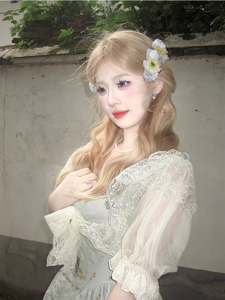 Mori Kei Lolita Light Green Floral OP Dress Vintage Cottagecore Style